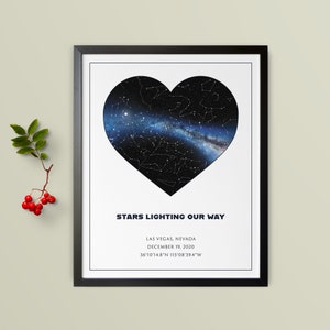 May include: Framed print featuring a heart-shaped star map against a blue and white background. The text "STARS LIGHTING OUR WAY" is displayed below the heart, along with location and date details. The frame is black.