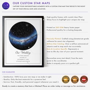 May include: A framed custom star map featuring a circular depiction of the night sky, with a blue and white galaxy design. The map includes the text "Our Wedding" and the date and location. The frame is black.