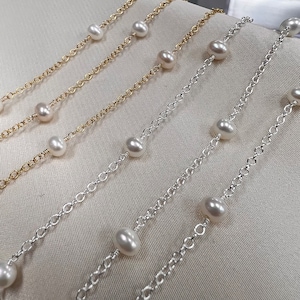 CX62A - 1.25&quot; Space - 4mm Pearl Station Chain Wire Wrapped Unfinished Chain by The Foot; 14kt Gold-Filled or Sterling Silver; Made in USA