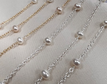 CX62A - 1.25" Space - 4mm Pearl Station Chain Wire Wrapped Unfinished Chain by The Foot; 14kt Gold-Filled or Sterling Silver; Made in USA