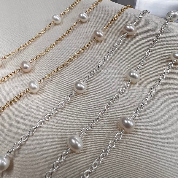 Pearl Station Chain By The Foot; 14kt Gold-Filled or Sterling Silver; Permanent Chain Supply; USA