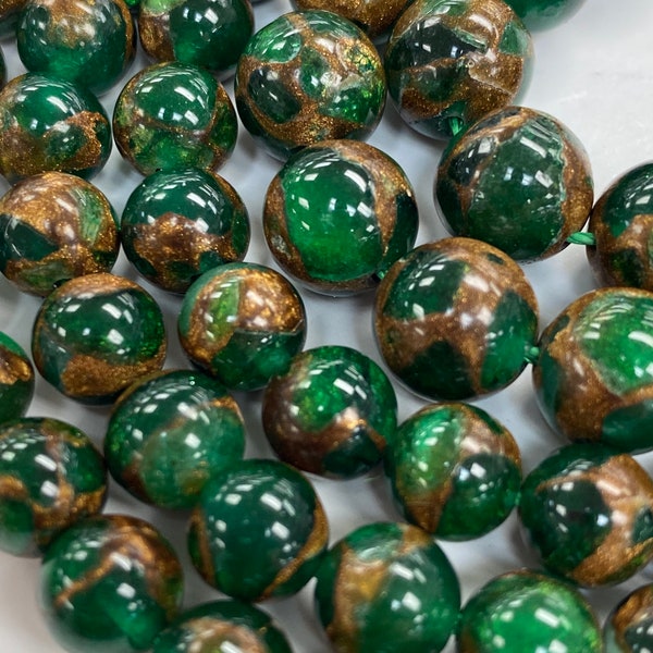 Gold Clinquant Round Beads; 8mm, 10mm; Cloisonne Green Colors, 15.5"