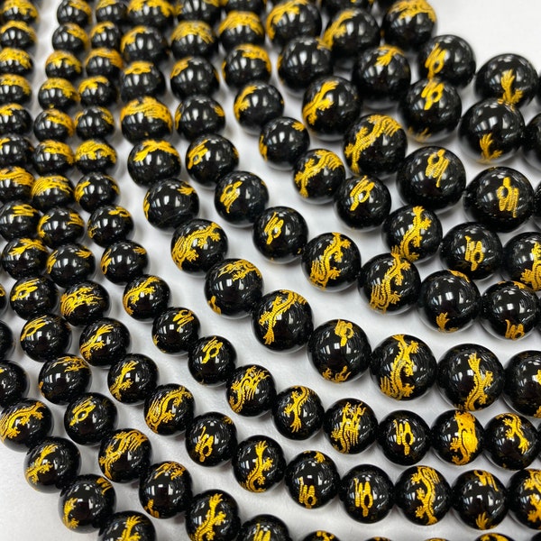 Onyx with Gold Dragon Beads 8mm, 10mm, 12mm; Feng Shui Beads