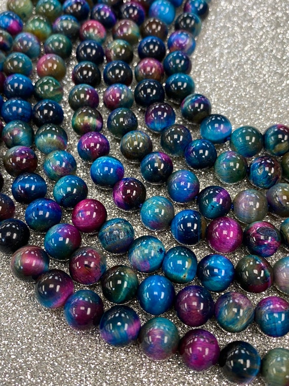 Tiger Eye Tie Dye blue purple 12mm round (15 beads/strand)