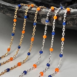 Royal Blue & Neon Orange Enamel Satellite Cable Chain – 14kt Gold Filled or Sterling Silver, DIY Jewelry Making