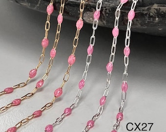 Glitter Rose Pink Enamel Paperclip Chain | 14kt Gold Filled or Sterling Silver, Permanent Jewelry | CX27