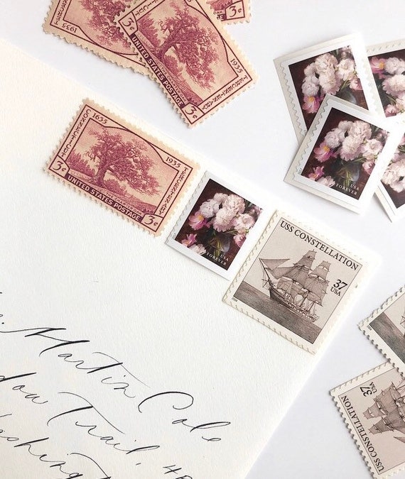 Vintage Postage Set // UNUSED // 1.06 in Postage // Pre-curated // Wedding  Postage // Blush // Pink // Botanical // Floral // Peony 