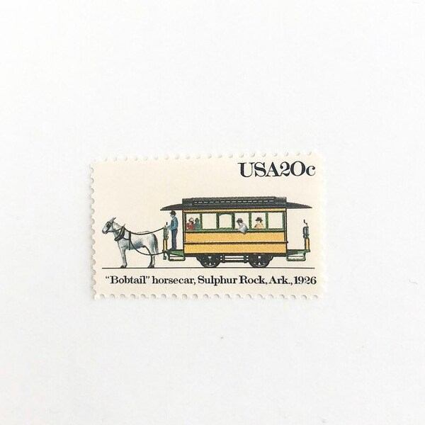 buy old stamp paper online 10 Bobtail horsecar Sulphur Rock, Arkansas Postage Stamps // UNUSED // 20 Cent Stamp // streetcar // yellow // horse // vintage postage