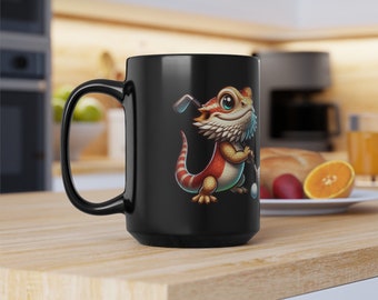 Idées cadeaux Dragon barbu jouant au golf Mug noir à impression à la demande Amoureux des dragons et amateurs de golf (11 oz, 15 oz)