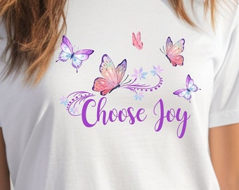 Elija la camiseta Joy Bella Canvas, la camiseta Joy, las mariposas, la camiseta Faith, la ropa cristiana, la ropa Joy, la camiseta Joy, la camisa Joy, la ropa Faith,