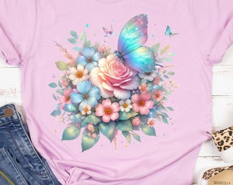 Butterflies and Blooms Bella Canvas T-shirt, Spring Florals T-shirt, Butterfly Lovers Tee, Rose T-shirt, Ladies Apparel, Plus Size T-shirt