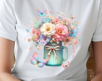 Butterflies and Mason Jar Blooms Bella Canvas T-shirt, Spring T-shirt, Spring Flowers Tee, Butterflies T-shirt