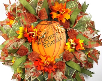 Welcome Friends Pumpkin Wreath, Glitter Fall Leaves, Thanksgiving Decor
