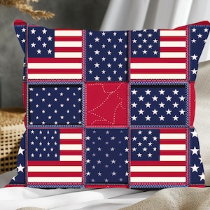 Patriotic Patchwork Quilt Pillow with Insert, July 4th Pillow, Memorial Day Pillow, USA Pillow, Square Throw Pillow, Lumbar Pillow,
