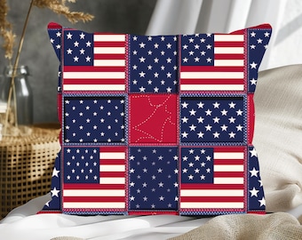 Patriotic Patchwork Quilt Pillow with Insert, July 4th Pillow, Memorial Day Pillow, USA Pillow, Square Throw Pillow, Lumbar Pillow,