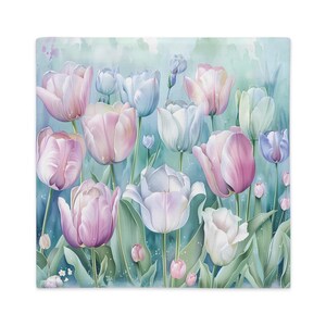 May include: A watercolor painting of a bouquet of pink, white, and blue tulips with green leaves and stems on a light blue background.