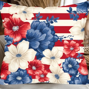 Shabby Chic Patriotic Pillow with Insert, July 4th Throw Pillow, Memorial Day Throw Pillow, Floral Pillow, Red White Blue Pillow
