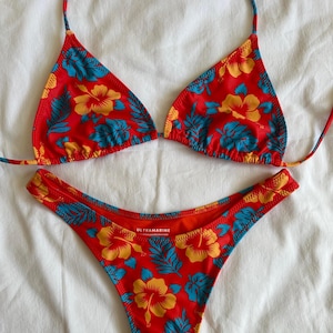 Vintage-Inspired Thong Bikini - 80s 90s Hawaiian Hibiscus Print - Red Yellow Blue - Adjustable String Bikini - Custom Original Print