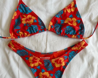 Vintage-Inspired Thong Bikini - 80s 90s Hawaiian Hibiscus Print - Red Yellow Blue - Adjustable String Bikini - Custom Original Print