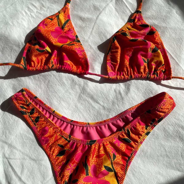 DEADSTOCK VINTAGE inspired bikini- Thong Style Hawaiian Hibiscus Printed Bikini 90s 80s 100% original custom print adjustable string bikini