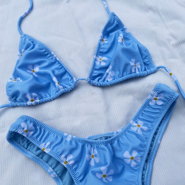 Baby Blue Floral DEADSTOCK VINTAGE inspired bikini- Cheeky Bottom Printed Bikini 90s 80s 100% original custom print adjustable string top