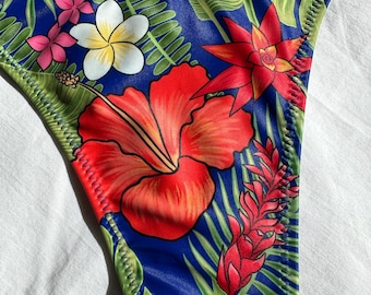 Vintage 80s 90s Thong Bikini | Hawaiian Hibiscus Print | Navy, Pink, Red, Green | Adjustable String | Retro Swimwear | Custom Print