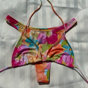 HAND PAINTED vintage inspired Water colour Thong Style Floral Printed Bikini 90s 80s 100% original custom print adjustable string bikini