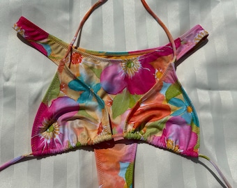 HAND PAINTED vintage inspired Water colour Thong Style Floral Printed Bikini 90s 80s 100% original custom print adjustable string bikini