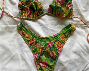 DEADSTOCK VINTAGE inspired bikini- Thong Style Green Floral Printed Bikini Y2K 90s 80s 100% original custom print adjustable string bikini