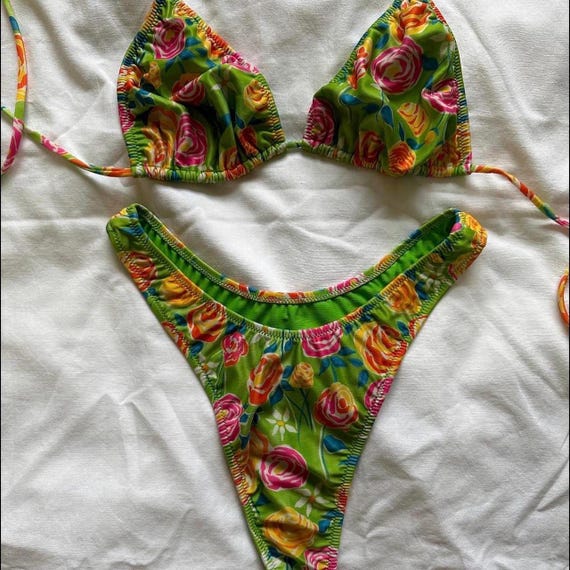 DEADSTOCK VINTAGE Inspired Bikini- Thong Style Green Floral