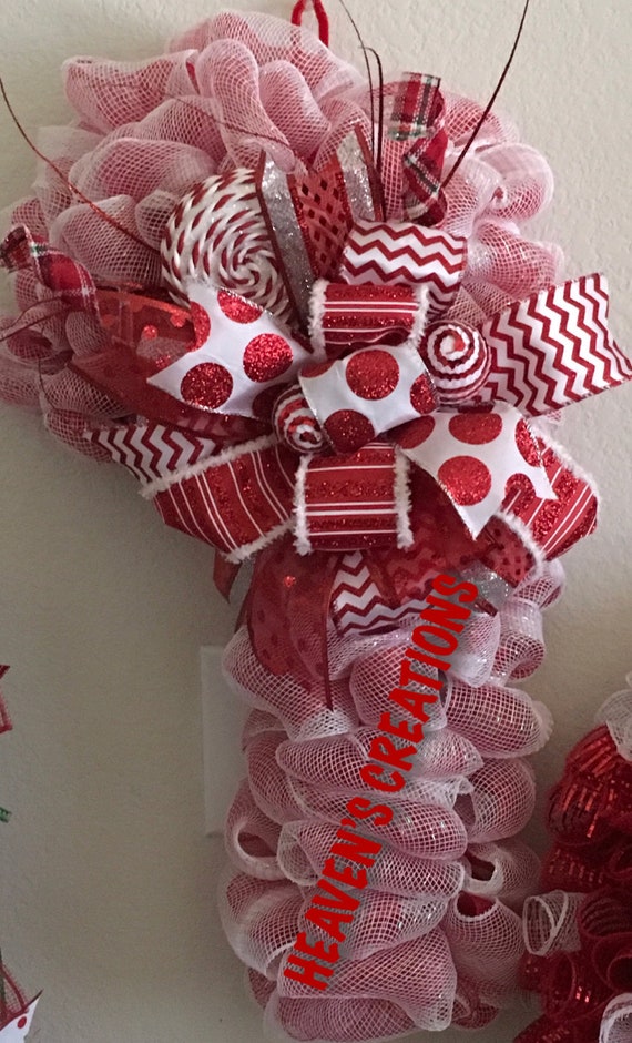 Puffed Candy Cane Red White Wreath W Added Swirl Lollipop Etsy