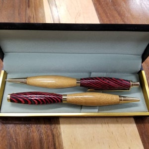 Handcrafted Bamboo and Red/Black Laminated Wood Pen and Pencil Set in a Black Velour Case