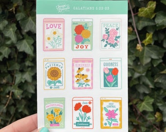 The Fruit of the Spirit (Galations 5:22-23) - Sticker Sheet - 9 Seed Packet Illustrations for Love, Joy, Peace, Patience, Kindness, etc