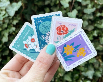 Birth Flower Stamp Stickers - Choose your own - Birthday gift, water bottle sticker, laptop decal