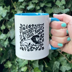 Courage Dear Heart - Illustrated Ceramic Mug inspired by The Chronicles of Narnia by C.S. Lewis - 11 oz - Customize handle and inside color