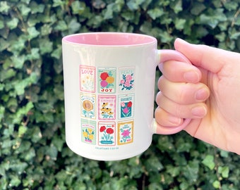 Taza Fruto del Espíritu - Gálatas 5:22-23 - Taza de cerámica ilustrada con paquete de semillas de flores - 11 oz - Personalice el asa y el color interior