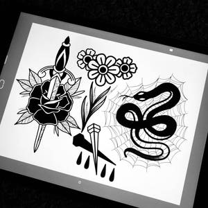 May include: Black and white illustration of a dagger, rose, nail, snake, and spider web. The dagger is piercing a rose. The nail is dripping with blood. The snake is coiled around a spider web.