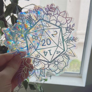 Floral D20 Rainbow Stained Glass Sun Catcher Window Cling, Dungeons and Dragons Decor, Window Decoration, Dice Gift, Fantasy Decor