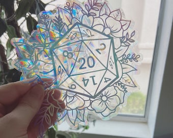 Floral D20 Rainbow Stained Glass Sun Catcher Window Cling, Dungeons and Dragons Decor, Window Decoration, Dice Gift, Fantasy Decor