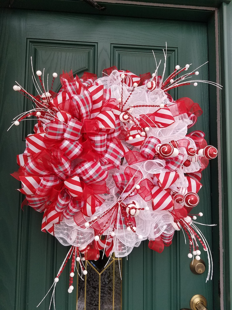 Red White Christmas Christmas Mesh Wreath Winter Wreath Red Christmas Wreath Candy Christmas Wreath Red White Wreath