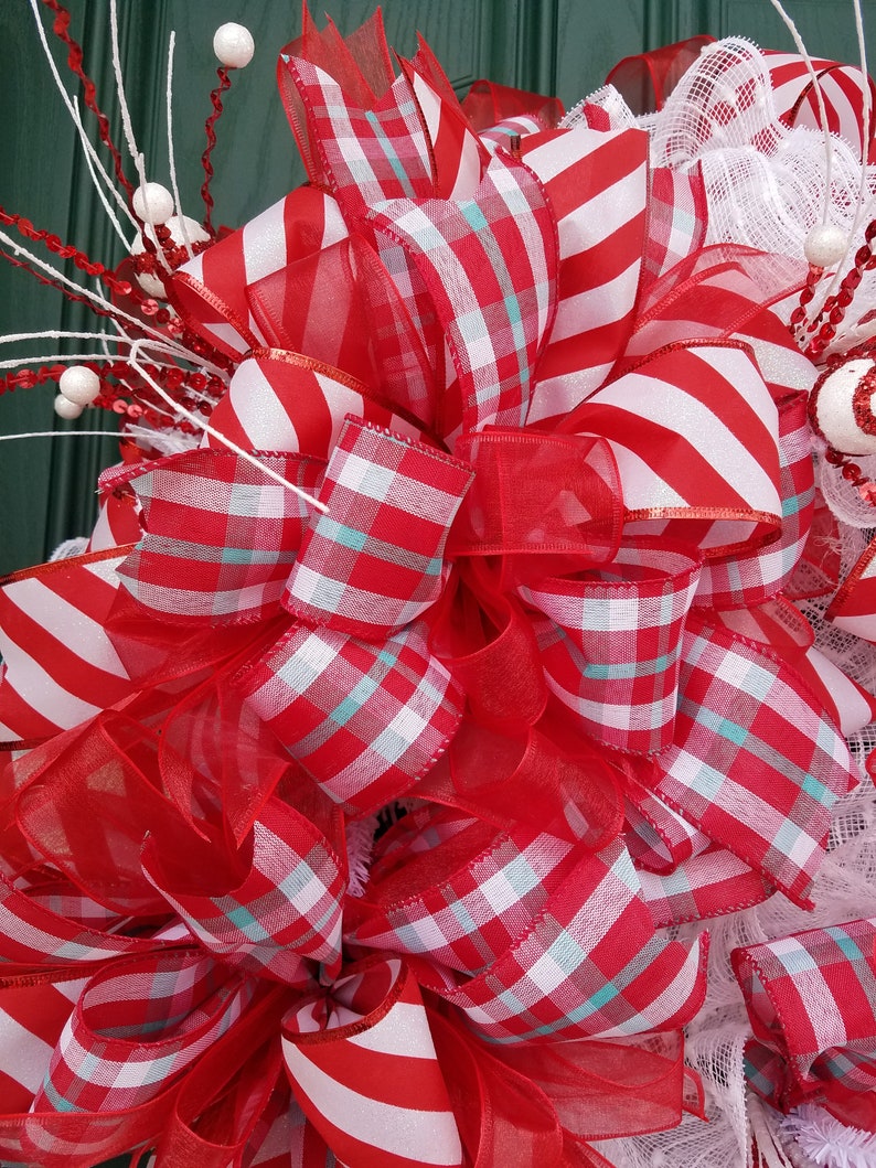 Red White Christmas Christmas Mesh Wreath Winter Wreath Red Christmas Wreath Candy Christmas Wreath Red White Wreath