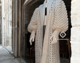 Handmade Cashmere Crochet Cardigan: Balloon Sleeves, Ankle Length