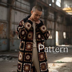 May include: A long, open-front crochet coat in a patchwork design. The coat features a black collar and trim, with square patterns in shades of brown, tan, and burgundy. The word "Pattern" is displayed on the coat. The coat is worn over a cream-colored top and pants.