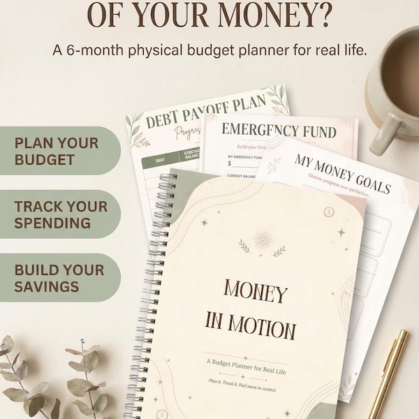 May include: A spiral-bound budget planner titled MONEY IN MOTION with a cream cover, sage green accents, and celestial line art. It includes internal pages for debt payoff, emergency funds, and money goals, alongside text prompts for financial tracking.