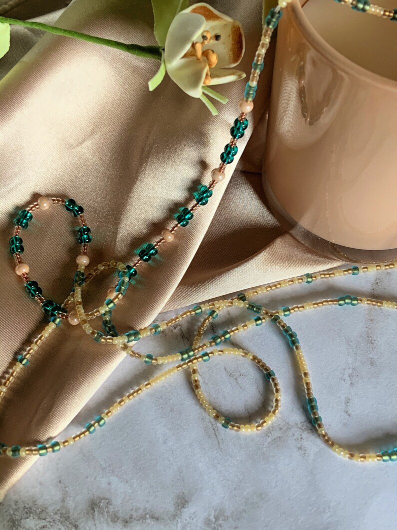 Waistbeads African Waistbeads Handmade Jewelry Teal Beads Champagne Beads Glass Beads