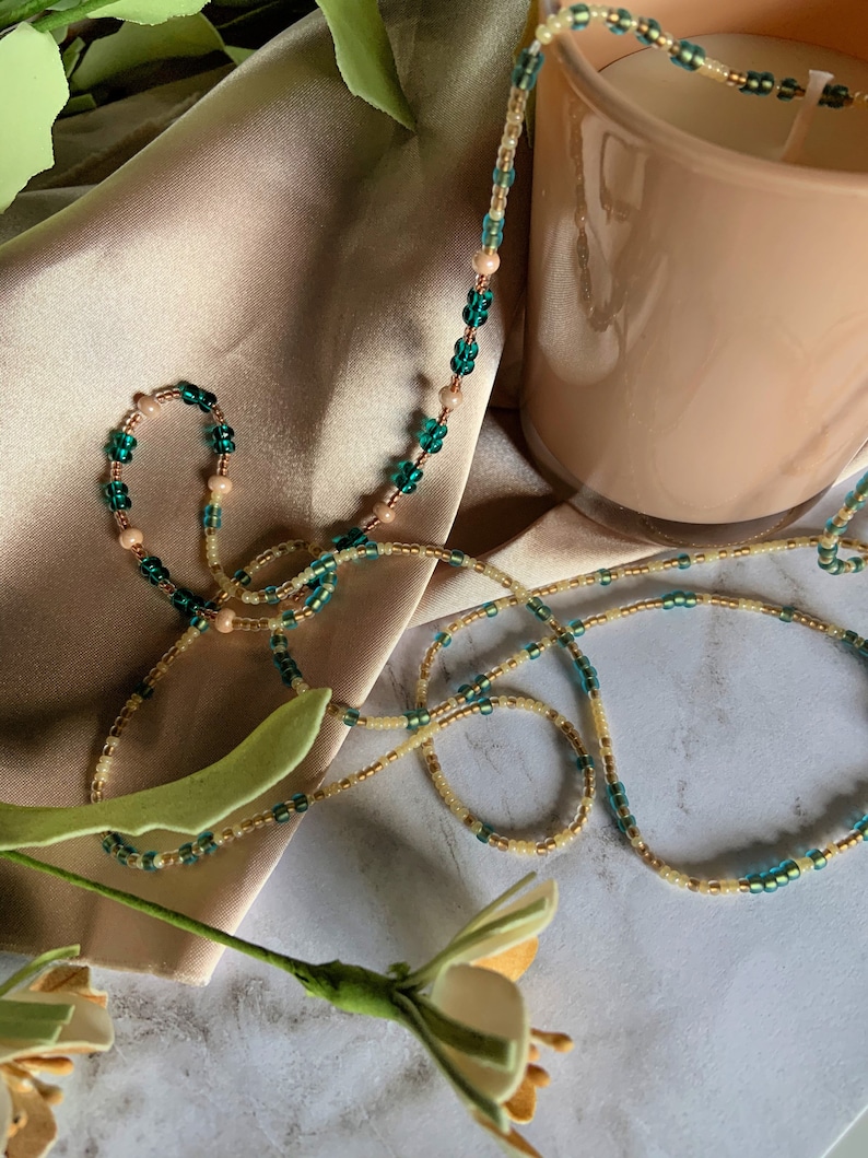 Waistbeads African Waistbeads Handmade Jewelry Teal Beads Champagne Beads Glass Beads