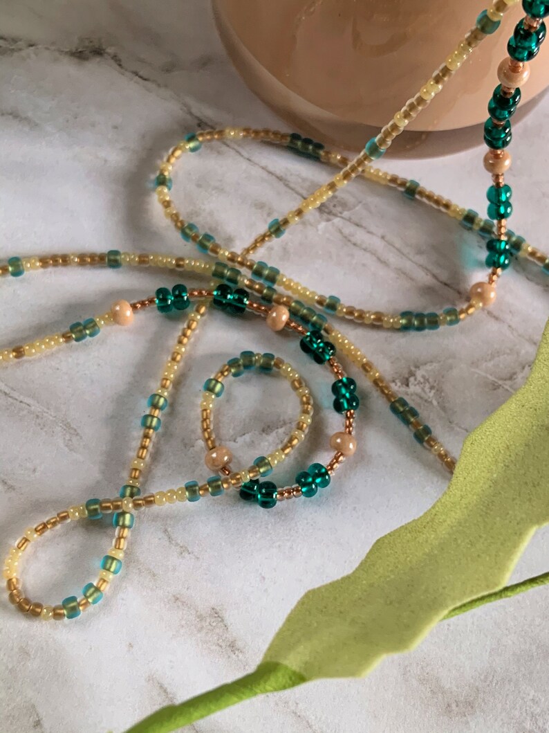 Waistbeads African Waistbeads Handmade Jewelry Teal Beads Champagne Beads Glass Beads