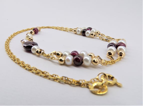 Vintage Lariat Necklace 14k Gold Pearl and Garnet… - image 1