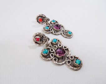 Vintage Turquoise Earrings Studs with Turquoise Coral and Amethyst Color Cabochon        T15