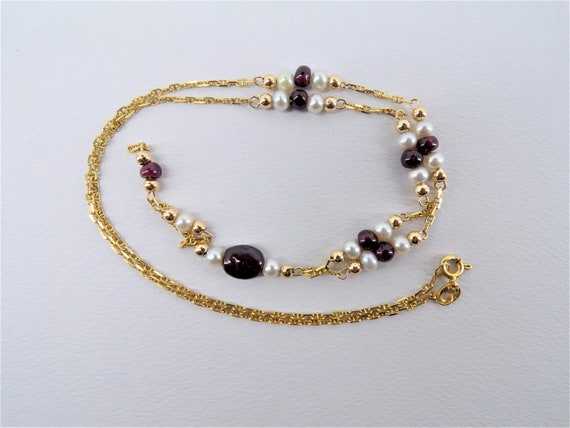 Vintage Lariat Necklace 14k Gold Pearl and Garnet… - image 9